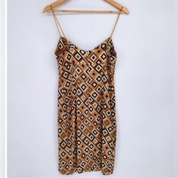 Shoshanna Silk Geometric Slip Dress 8 Gold Chain Strap Y2K 90s Mini Retro - Picture 11 of 12